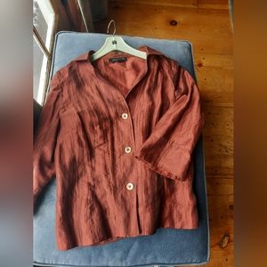 Jones NY Collection silky crinkle linen jacket S 12, Rust w 3/4 sleeves